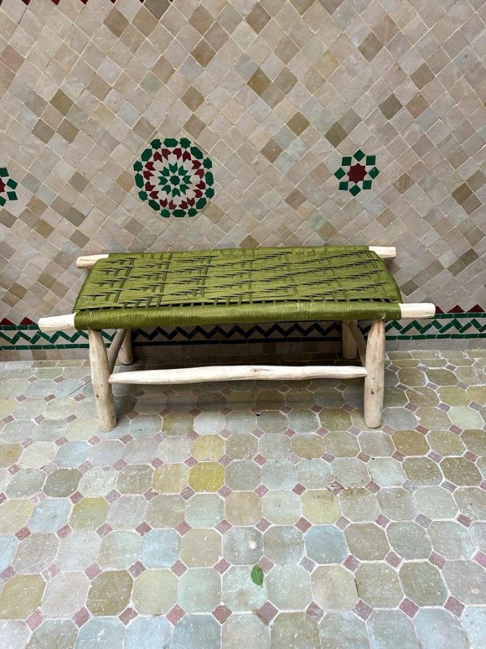 Handwoven Moroccan Bench with Green Rope - Handmade Eucalyptus Wood - Image 4