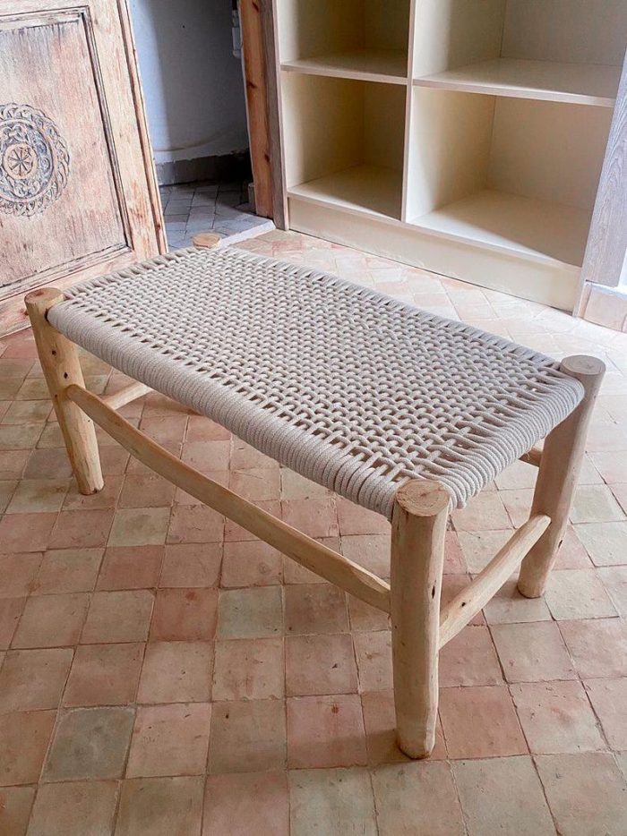 Handwoven Moroccan Bench with White Rope - Handmade Eucalyptus Wood - Image 6
