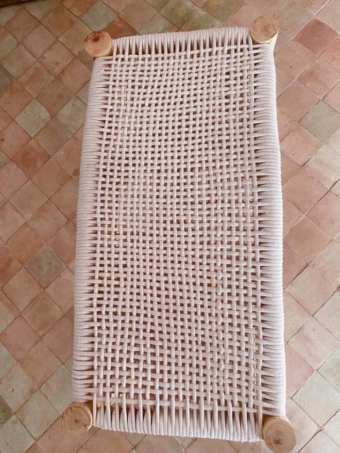 Handwoven Moroccan Bench with White Rope - Handmade Eucalyptus Wood - Image 4