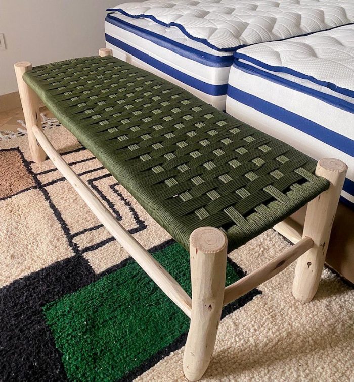 Handwoven Moroccan Bench with Green Rope - Handmade Eucalyptus Wood - Image 4