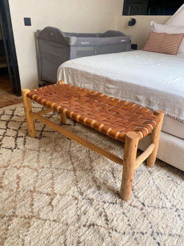 Handgemaakte Marokkaanse bank met bruin leer - Image 3