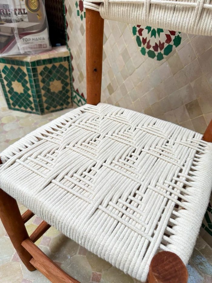 Moroccan Bohemian Wooden Chair with White Rope - Handmade - Image 4