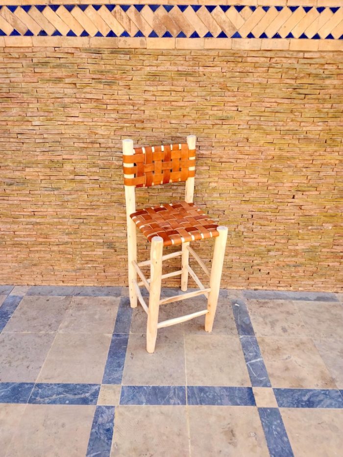 Moroccan Bar Stool with Leather Backrest - Handmade Wooden Stool - Image 8