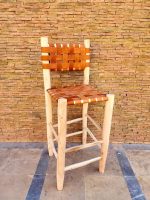 Moroccan Bar Stool with Leather Backrest - Handmade Wooden Stool - Image 5