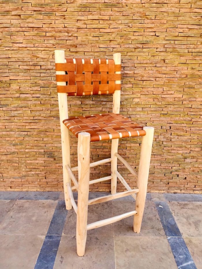 Moroccan Bar Stool with Leather Backrest - Handmade Wooden Stool - Image 5