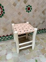 Handmade Moroccan Wooden Stool with Natural Leather Seat - Image 4