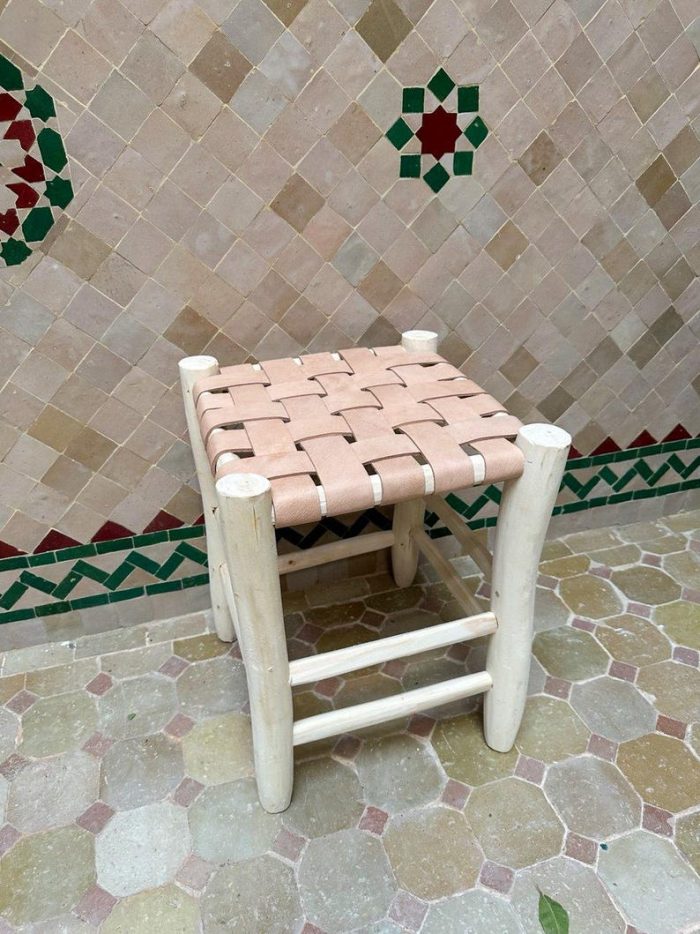 Handmade Moroccan Wooden Stool with Natural Leather Seat - Image 4