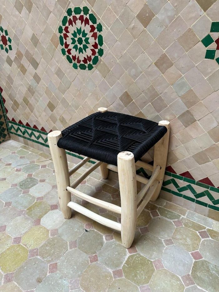 Small Handmade Moroccan Wooden Stool with Black Rope - Image 3