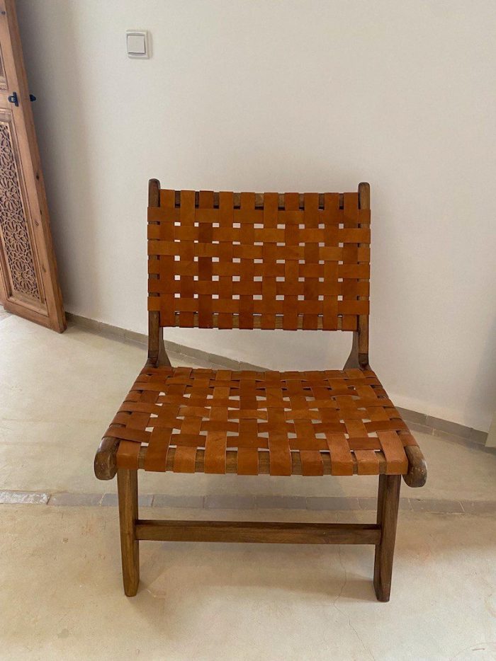 Moroccan Armchair in Nutwood with Brown Leather – Handmade Reclined Lounge Chair - Image 6