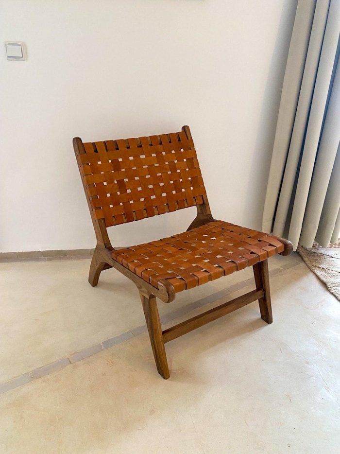 Moroccan Armchair in Nutwood with Brown Leather – Handmade Reclined Lounge Chair - Image 8