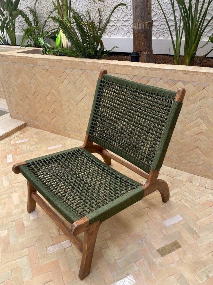 Moroccan Armchair in Nutwood with Green Cord – Handwoven Reclined Chair - Image 3
