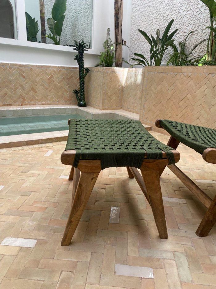 Moroccan Nutwood Armchair & Ottoman Set with Green Cord - Image 3