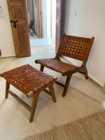 Moroccan Nutwood Armchair & Ottoman Set with Leather - Image 2