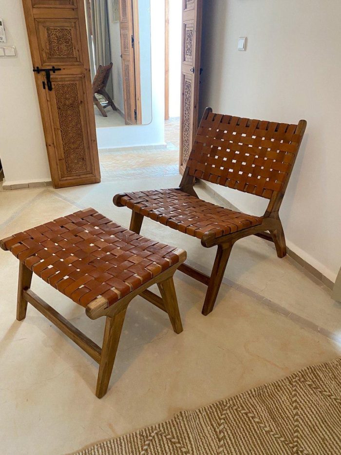Moroccan Nutwood Armchair & Ottoman Set with Leather - Image 2