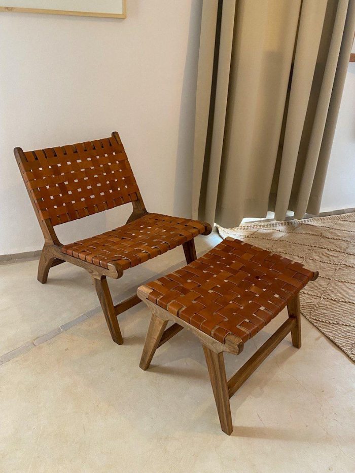 Moroccan Nutwood Armchair & Ottoman Set with Leather - Image 3