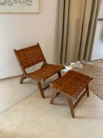 Moroccan Nutwood Armchair & Ottoman Set with Leather - Image 7