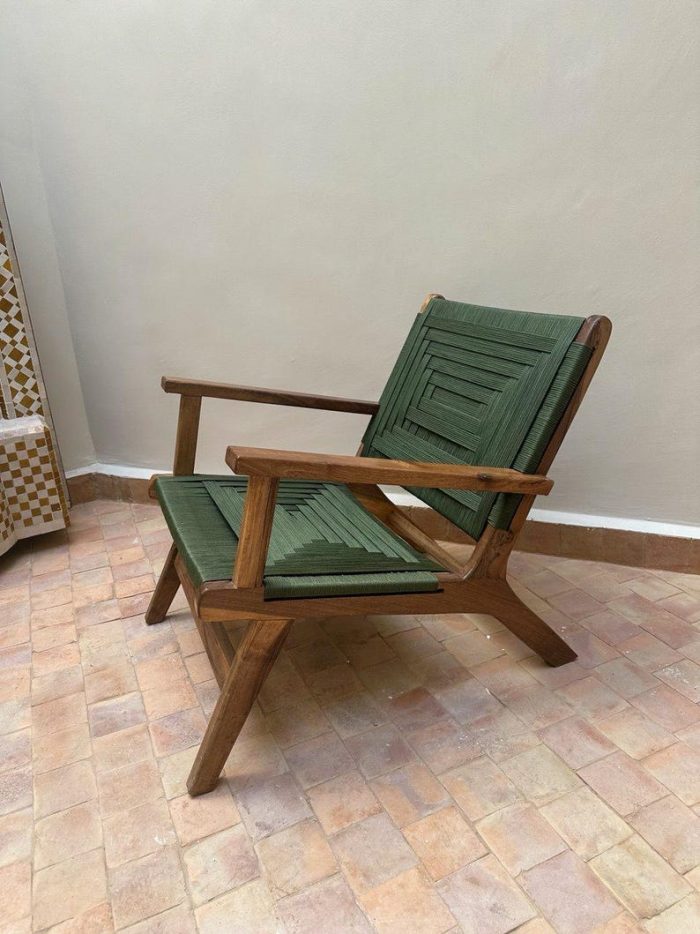 Walnut Wood Armchair with Green Cord Seat - Image 4