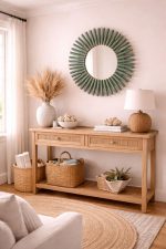 Moroccan Wooden Mirror – Round Handwoven Raffia Frame