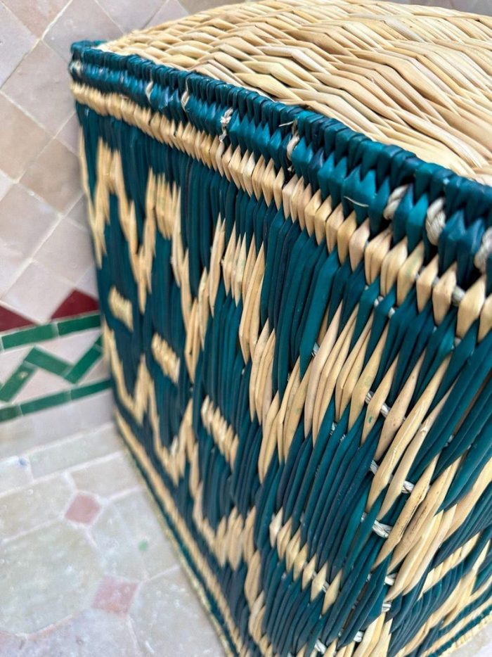 Moroccan Woven Pouf – Green & Yellow - Image 3