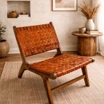 Moroccan Armchair in Nutwood with Brown Leather – Handmade Reclined Lounge Chair