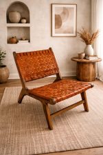 Moroccan Armchair in Nutwood with Brown Leather – Handmade Reclined Lounge Chair