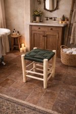 Small Handmade Moroccan Wooden Stool with Green Rope - Boho Style