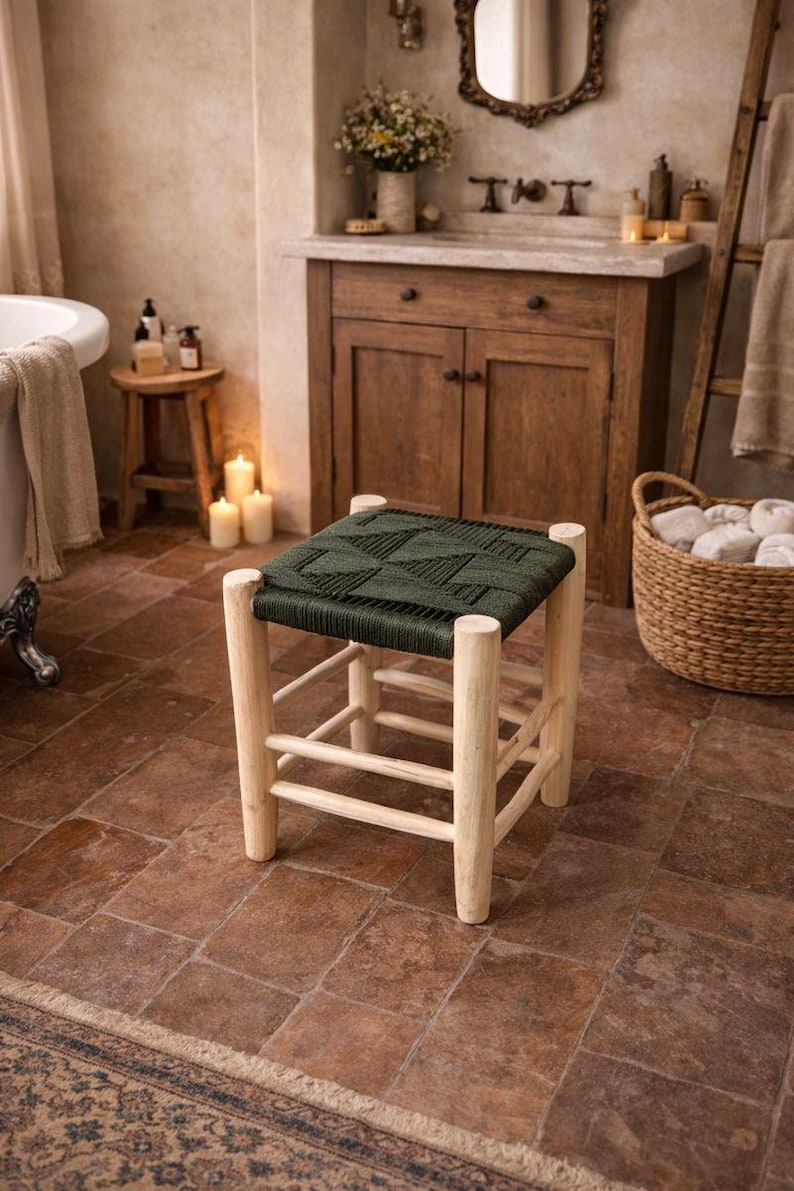 il_794xN.7525530700_j5gr Small Handmade Moroccan Wooden Stool with Green Rope - Boho Style - Image 1
