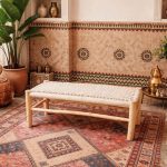Handwoven Moroccan Bench with White Rope - Handmade Eucalyptus Wood