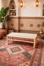Handwoven Moroccan Bench with White Rope - Handmade Eucalyptus Wood