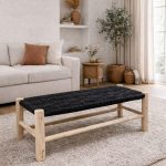 Handwoven Moroccan Bench with Black Rope - Handmade Eucalyptus Wood