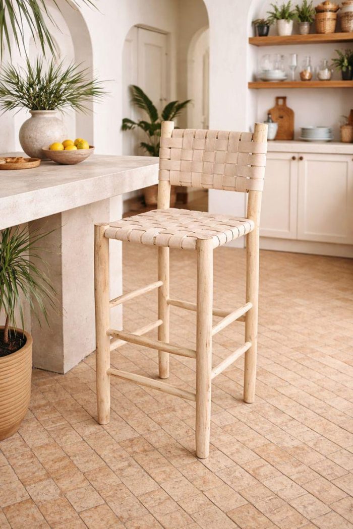 Moroccan Boho Bar Stool with Natural Leather - Handmade - Image 2