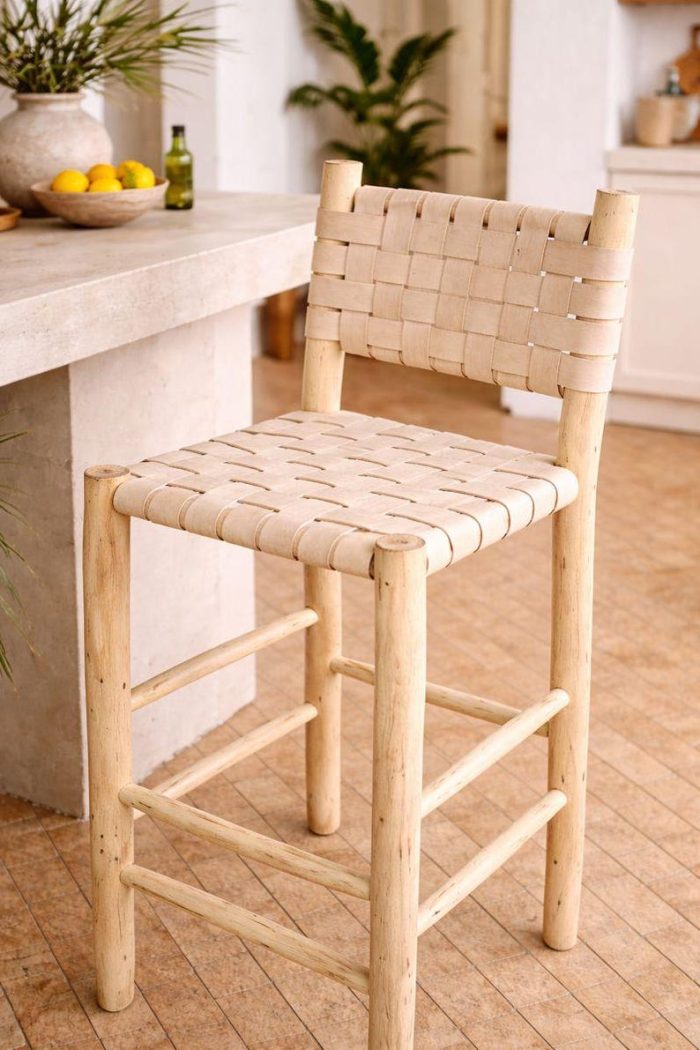 Moroccan Boho Bar Stool with Natural Leather - Handmade - Image 3