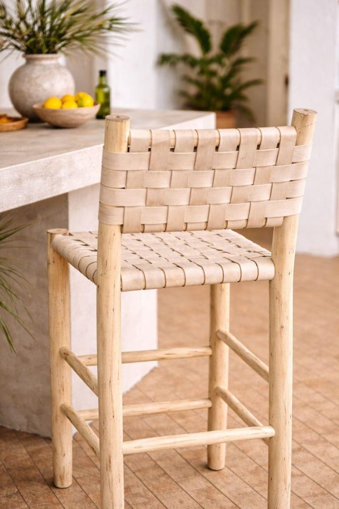 Moroccan Boho Bar Stool with Natural Leather - Handmade - Image 4