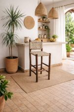 Moroccan Handwoven Bar Stool with Palm Leaf Rope - Handmade