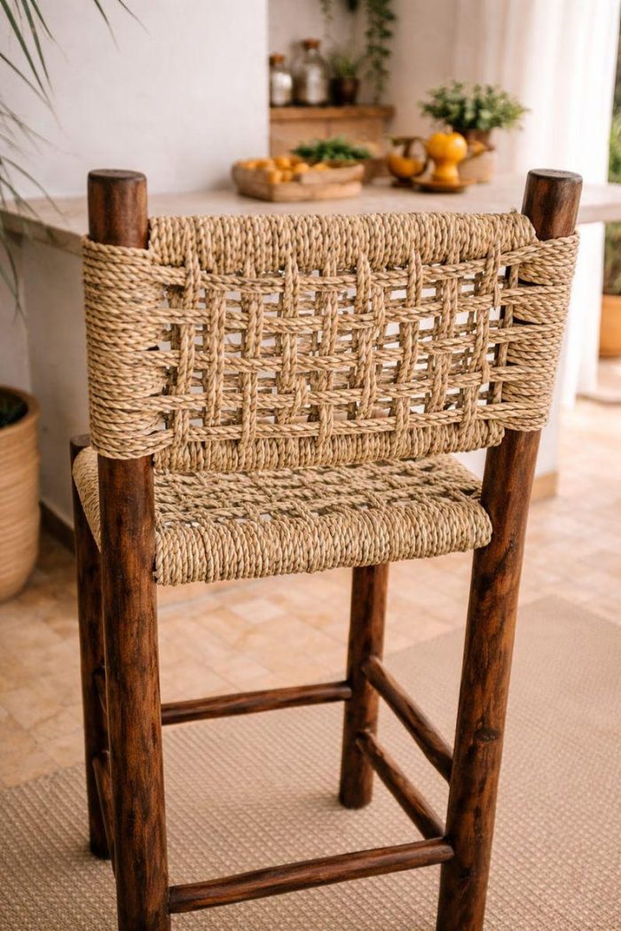 Moroccan Handwoven Bar Stool with Palm Leaf Rope - Handmade - Image 3