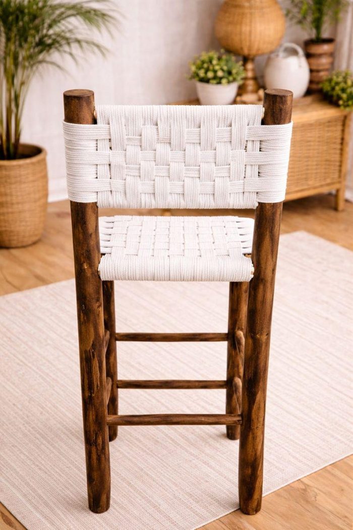 Moroccan Boho Bar Stools with White Rope Weave - Handmade Set - Image 3