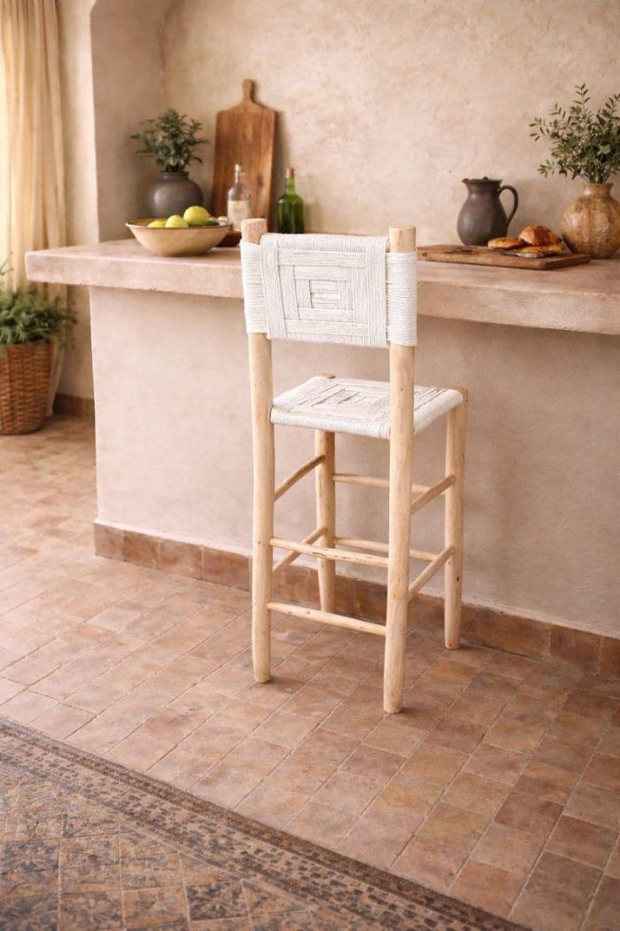 Moroccan Boho Bar Stools with White Rope Weave - Handmade Set (2) - Image 3