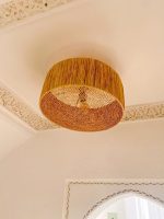 Moroccan raffia flush mount ceiling light with woven round drum shade