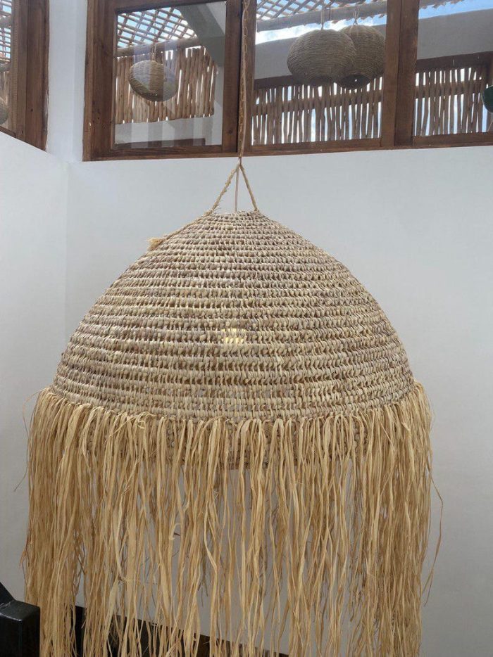 Moroccan Straw Ball Pendant Light with Raffia Fringe - Image 7