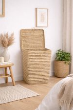 Handwoven Palm Leaf Laundry Basket with Lid - Square Natural Storage Basket - Image 2