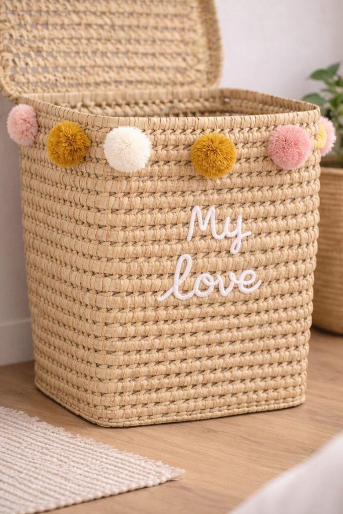 Wicker Laundry Basket with Pom Poms – Boho Storage Basket - Image 2