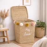 Wicker Laundry Basket with Pom Poms – Boho Storage Basket