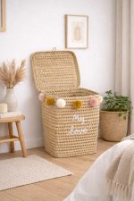 Wicker Laundry Basket with Pom Poms – Boho Storage Basket