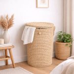 Handwoven Round Palm Leaf Laundry Basket – Boho Storage