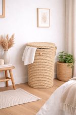 Handwoven Round Palm Leaf Laundry Basket – Boho Storage