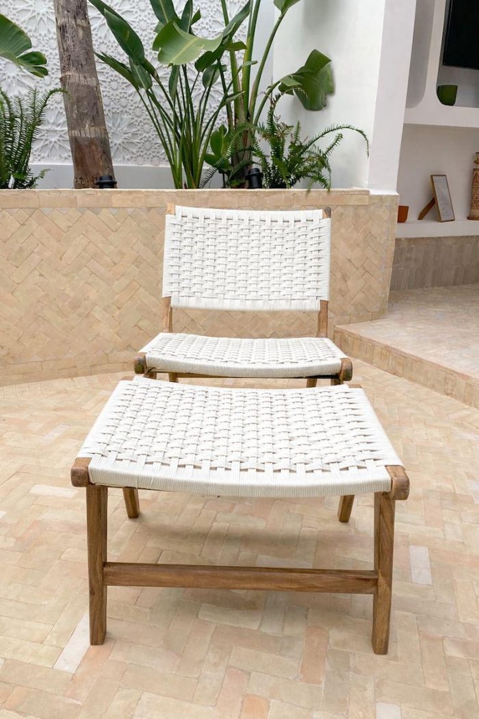 Moroccan Nutwood Armchair & Ottoman Set with White Cord - Image 2