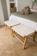 Set of 2 Handmade Moroccan Walnut Wood Benches with White Rope - Image 2