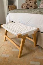 Set of 2 Handmade Moroccan Walnut Wood Benches with White Rope - Image 3