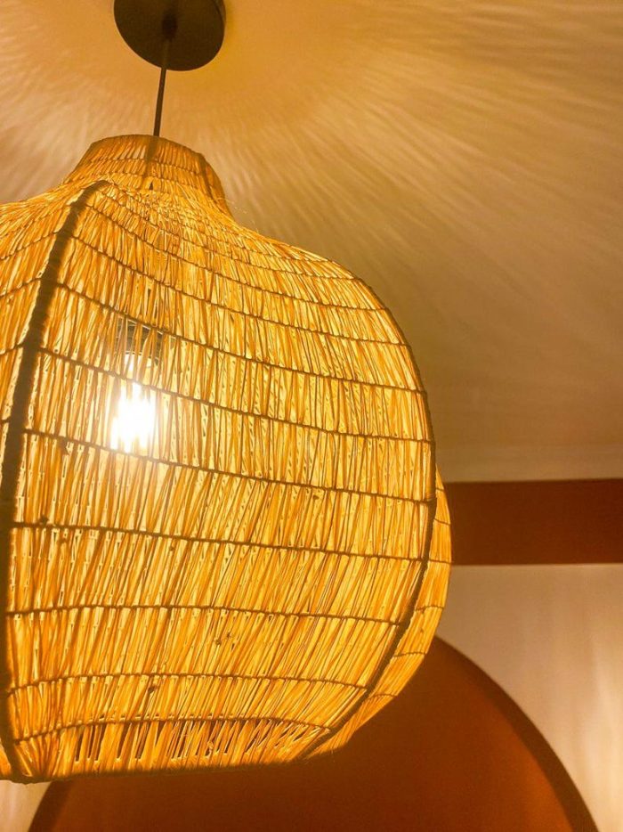 Handwoven Raffia Pendant Light – Round Artisan Lamp - Image 5