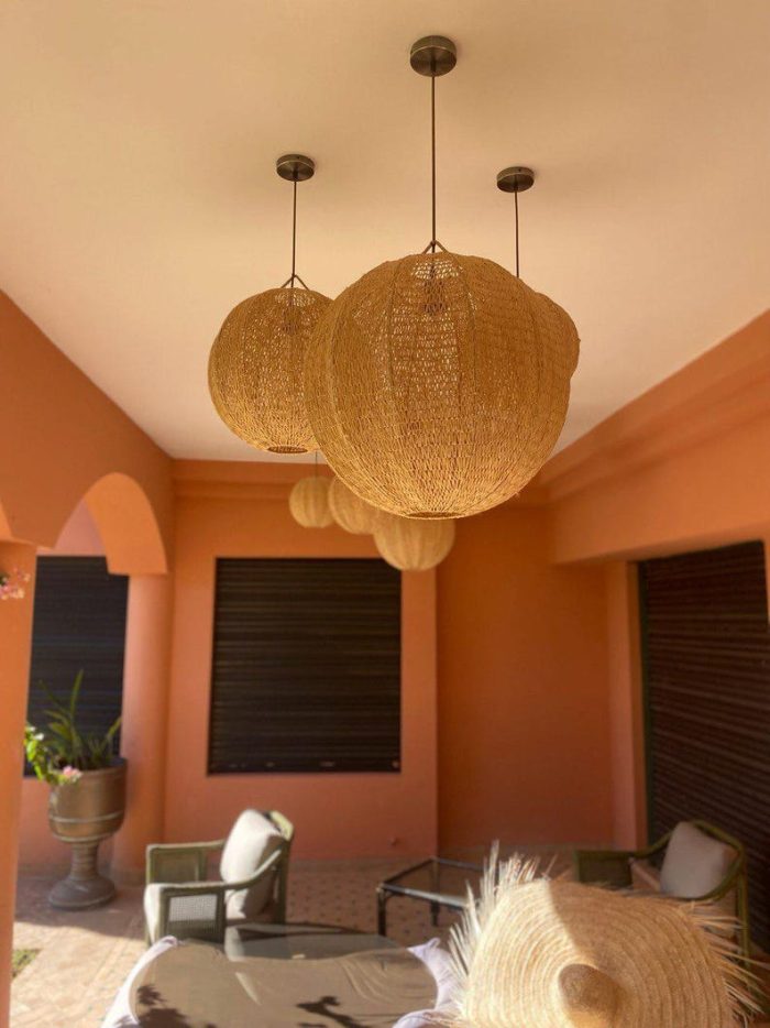 Handwoven Raffia Pendant Light – Round Ceiling Lamp - Image 4